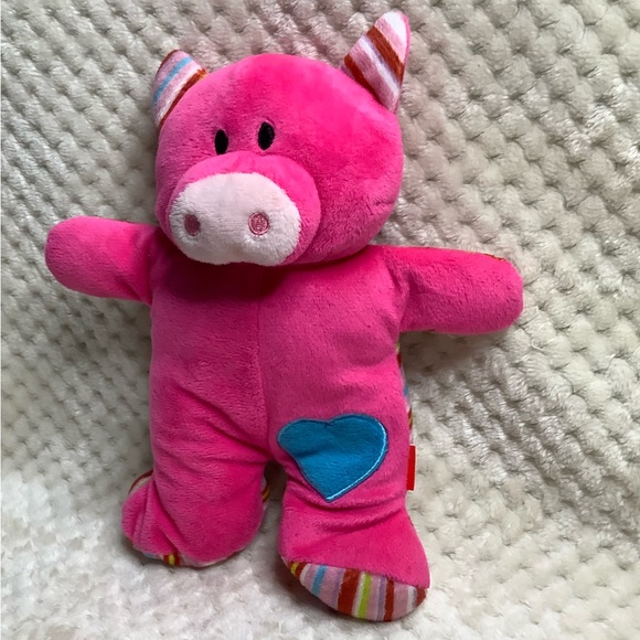 Gitzy Plush Pink Pig with Rattle Inside Blue Heart Stuffed Animal Toy 🐷 - Picture 2 of 8